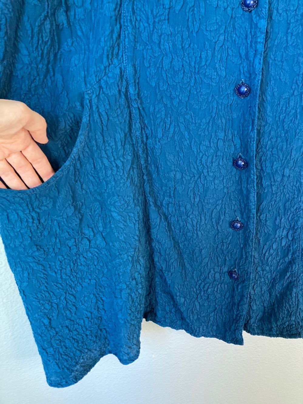 Vintage 90s URU Dark Teal Silk Textured Floral Tunic Jacket Artsy Global 2 M/L - Picture 4 of 11